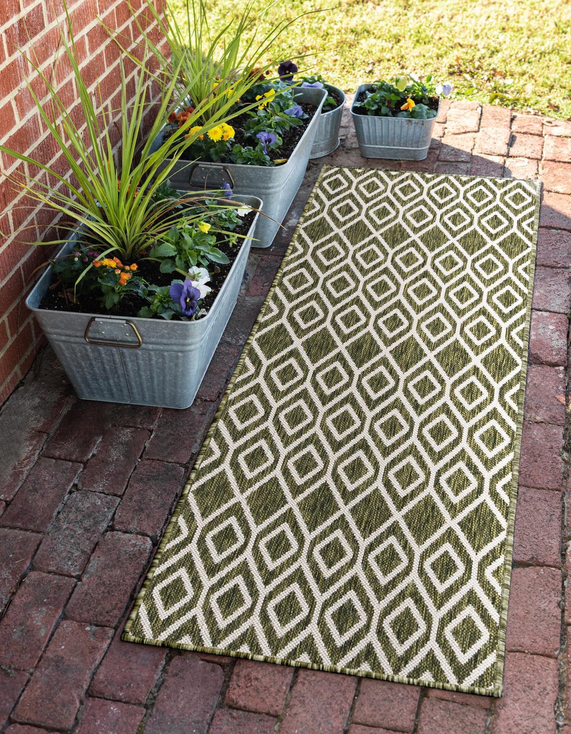 Green 2' x 8' Jill Zarin Outdoor Runner Area Rug Weather Resistant for Patio, Deck, Terrace, Balcony, Porch Durable 100% Polypropylene Carpet for Outside for Sale at Rug Engine