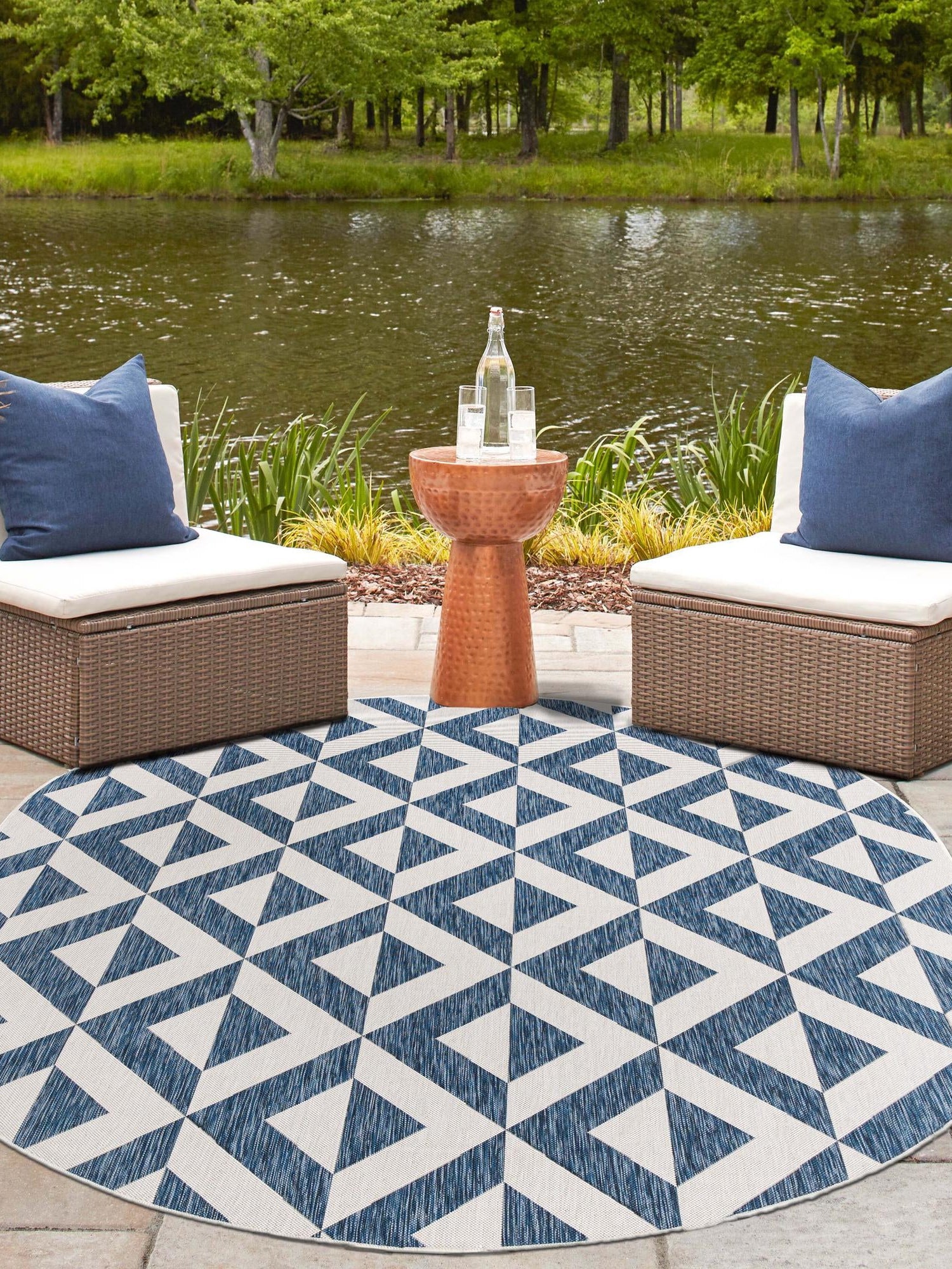 Blue 7' 10 x 10' Jill Zarin Outdoor Oval Area Rug Weather Resistant for Patio, Deck, Terrace, Balcony, Porch Durable 100% Polypropylene Carpet for Outside for Sale at Rug Engine
