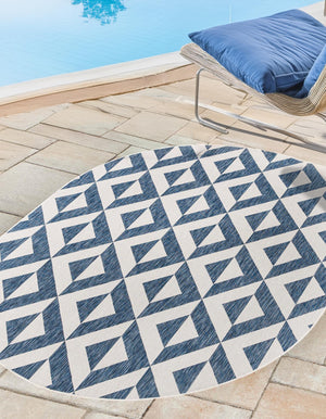 Blue 7' 10 x 10' Jill Zarin Outdoor Oval Area Rug Weather Resistant for Patio, Deck, Terrace, Balcony, Porch Durable 100% Polypropylene Carpet for Outside for Sale at Rug Engine