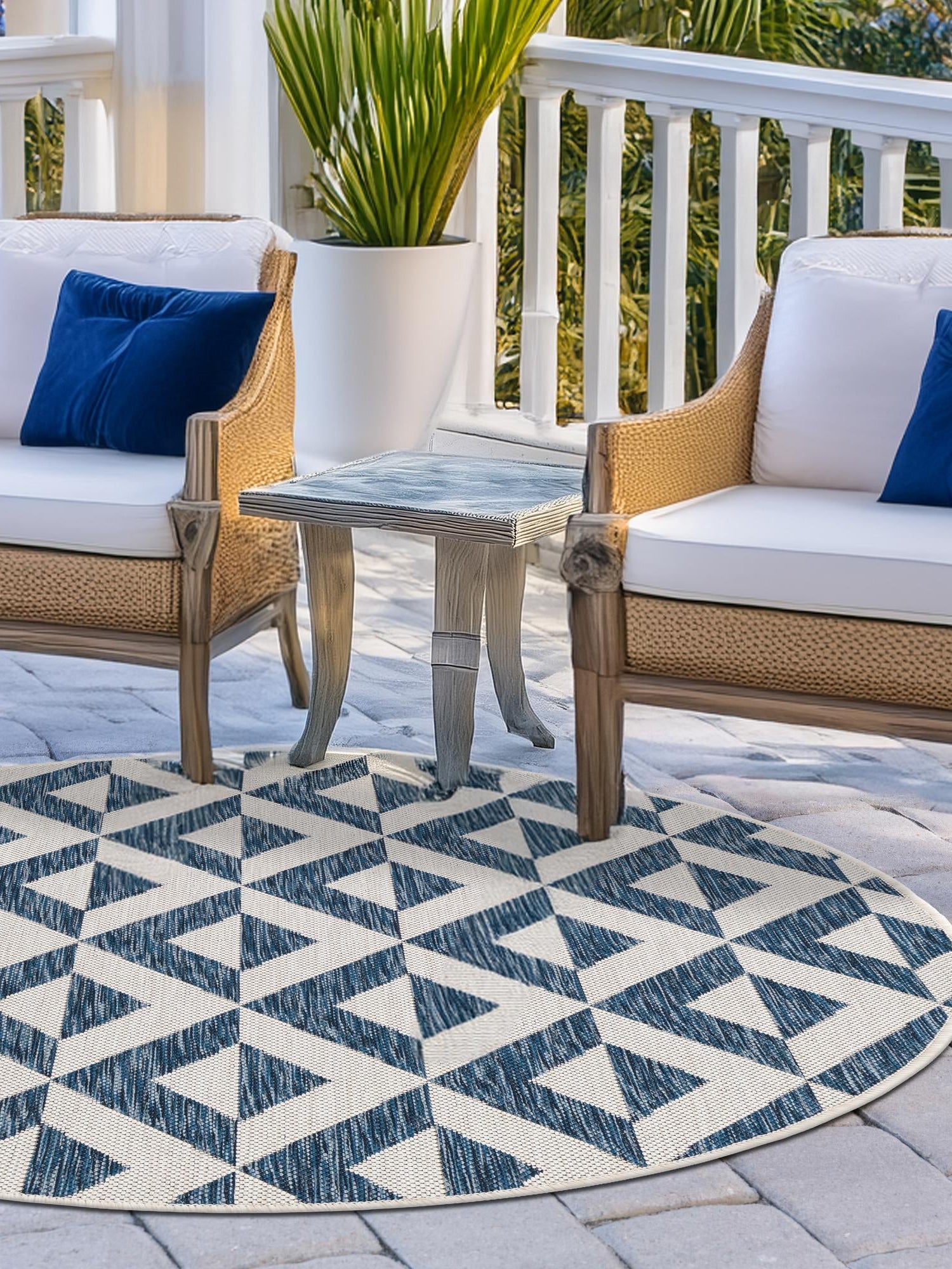 Blue 4' 1 x 4' 1 Jill Zarin Outdoor Round Area Rug Weather Resistant for Patio, Deck, Terrace, Balcony, Porch Durable 100% Polypropylene Carpet for Outside for Sale at Rug Engine