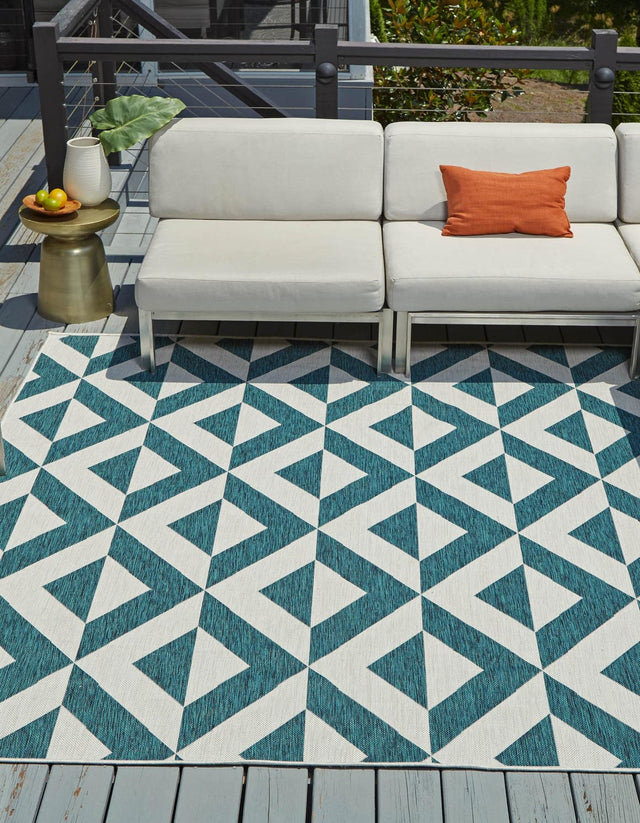 Teal 7' 10 x 7' 10 Jill Zarin Outdoor Square Area Rug Weather Resistant for Patio, Deck, Terrace, Balcony, Porch Durable 100% Polypropylene Carpet for Outside for Sale at Rug Engine