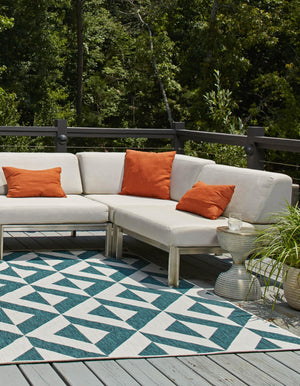 Teal 7' 10 x 7' 10 Jill Zarin Outdoor Square Area Rug Weather Resistant for Patio, Deck, Terrace, Balcony, Porch Durable 100% Polypropylene Carpet for Outside for Sale at Rug Engine