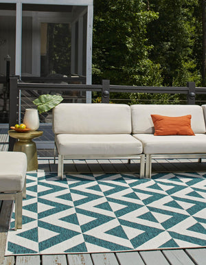 Teal 7' 10 x 7' 10 Jill Zarin Outdoor Square Area Rug Weather Resistant for Patio, Deck, Terrace, Balcony, Porch Durable 100% Polypropylene Carpet for Outside for Sale at Rug Engine