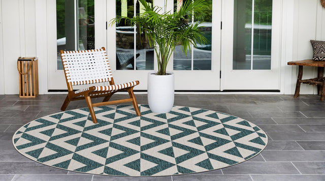 Teal 6' 7 x 6' 7 Jill Zarin Outdoor Round Area Rug Weather Resistant for Patio, Deck, Terrace, Balcony, Porch Durable 100% Polypropylene Carpet for Outside for Sale at Rug Engine