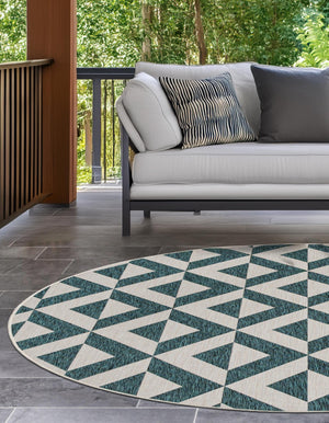 Teal 6' 7 x 6' 7 Jill Zarin Outdoor Round Area Rug Weather Resistant for Patio, Deck, Terrace, Balcony, Porch Durable 100% Polypropylene Carpet for Outside for Sale at Rug Engine