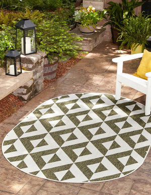 Green 5' 3 x 8' Jill Zarin Outdoor Oval Area Rug Weather Resistant for Patio, Deck, Terrace, Balcony, Porch Durable 100% Polypropylene Carpet for Outside for Sale at Rug Engine