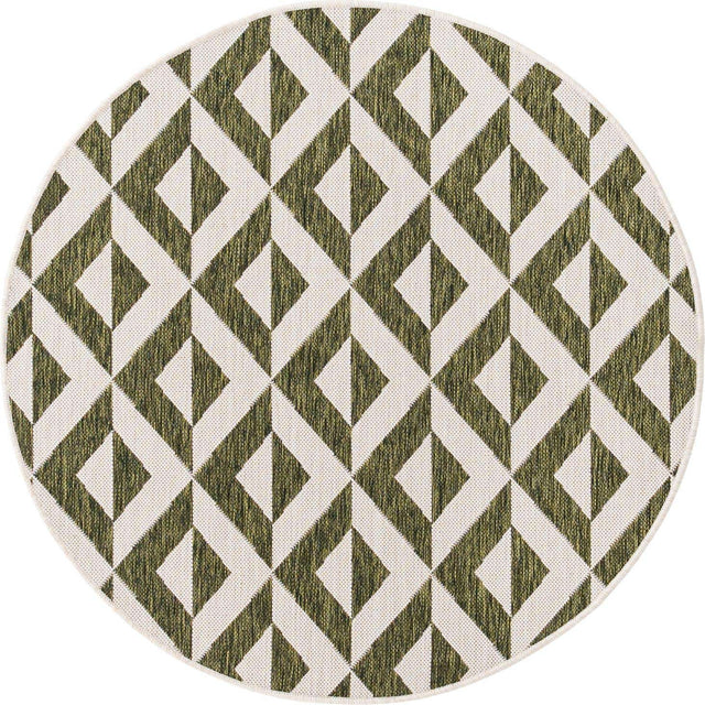 Green 4' 1 x 4' 1 Jill Zarin Outdoor Round Area Rug Weather Resistant for Patio, Deck, Terrace, Balcony, Porch Durable 100% Polypropylene Carpet for Outside for Sale at Rug Engine
