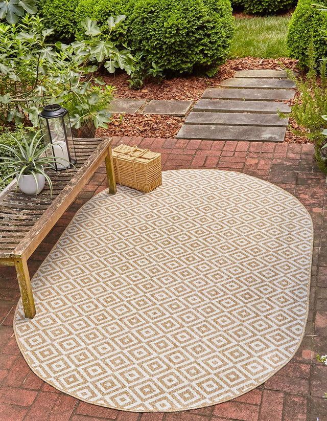 Beige 5' 3 x 8' Jill Zarin Outdoor Oval Area Rug Weather Resistant for Patio, Deck, Terrace, Balcony, Porch Durable 100% Polypropylene Carpet for Outside for Sale at Rug Engine