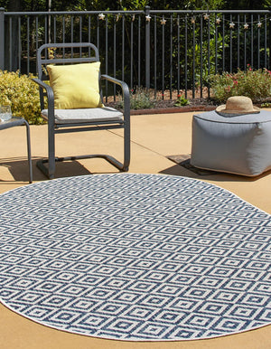 Blue 7' 10 x 10' Jill Zarin Outdoor Oval Area Rug Weather Resistant for Patio, Deck, Terrace, Balcony, Porch Durable 100% Polypropylene Carpet for Outside for Sale at Rug Engine
