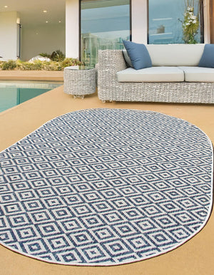 Blue 7' 10 x 10' Jill Zarin Outdoor Oval Area Rug Weather Resistant for Patio, Deck, Terrace, Balcony, Porch Durable 100% Polypropylene Carpet for Outside for Sale at Rug Engine