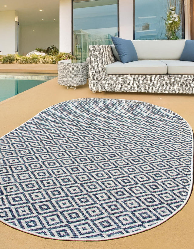 Blue 7' 10 x 10' Jill Zarin Outdoor Oval Area Rug Weather Resistant for Patio, Deck, Terrace, Balcony, Porch Durable 100% Polypropylene Carpet for Outside for Sale at Rug Engine