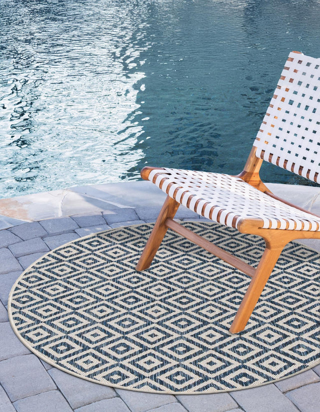 Blue 4' 1 x 4' 1 Jill Zarin Outdoor Round Area Rug Weather Resistant for Patio, Deck, Terrace, Balcony, Porch Durable 100% Polypropylene Carpet for Outside for Sale at Rug Engine