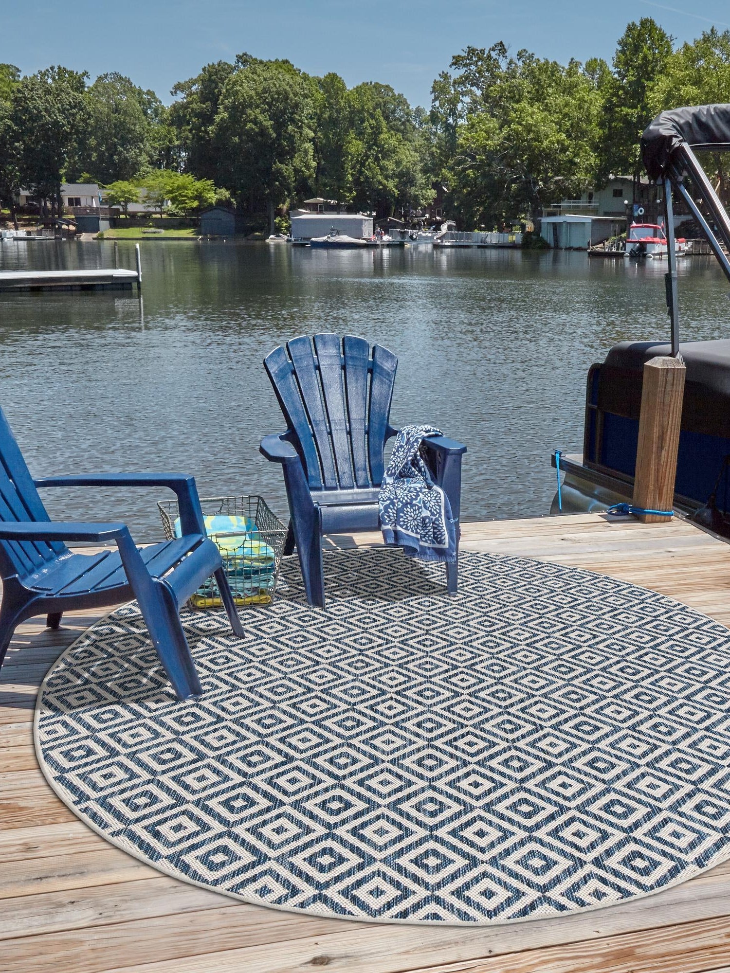 Blue 13' 1 x 13' 1 Jill Zarin Outdoor Round Area Rug Weather Resistant for Patio, Deck, Terrace, Balcony, Porch Durable 100% Polypropylene Carpet for Outside for Sale at Rug Engine