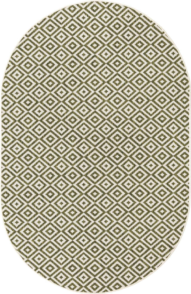 Green 5' 3 x 8' Jill Zarin Outdoor Oval Area Rug Weather Resistant for Patio, Deck, Terrace, Balcony, Porch Durable 100% Polypropylene Carpet for Outside for Sale at Rug Engine