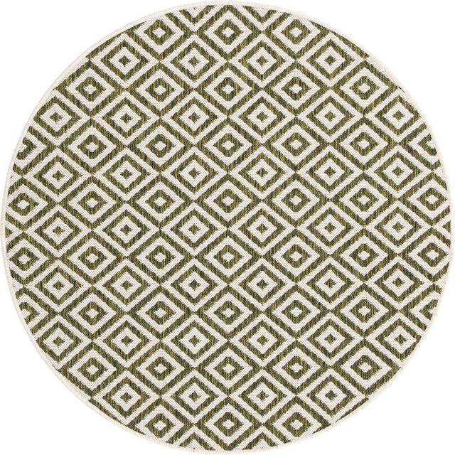 Green 4' 1 x 4' 1 Jill Zarin Outdoor Round Area Rug Weather Resistant for Patio, Deck, Terrace, Balcony, Porch Durable 100% Polypropylene Carpet for Outside for Sale at Rug Engine