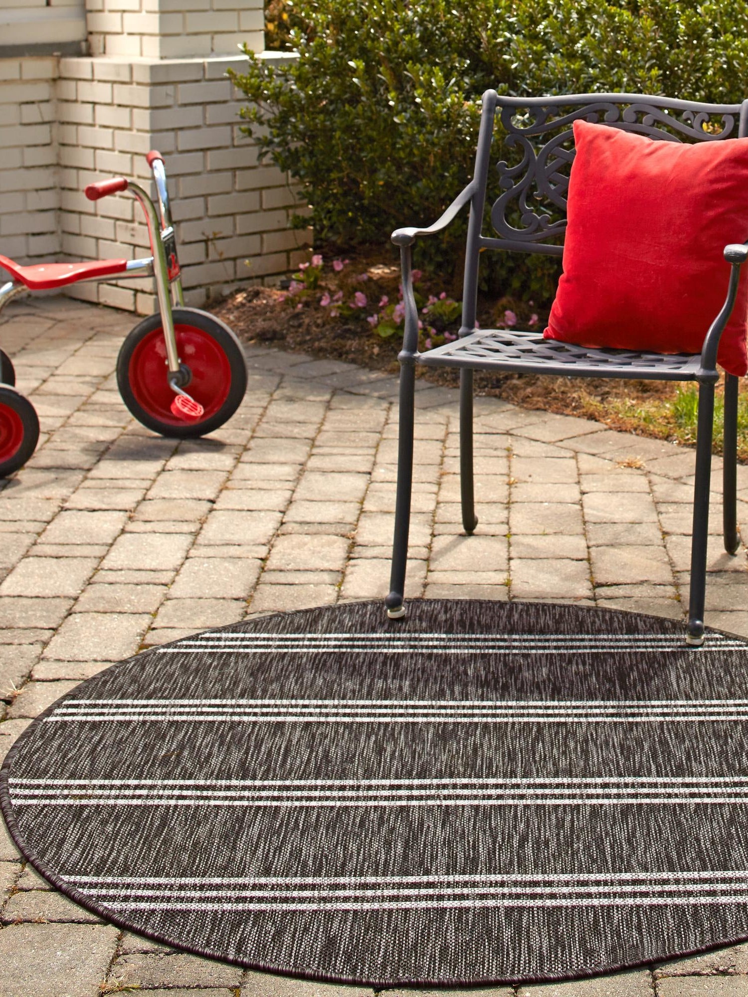 Charcoal 10' 8 x 10' 8 Jill Zarin Outdoor Round Area Rug Weather Resistant for Patio, Deck, Terrace, Balcony, Porch Durable 100% Polypropylene Carpet for Outside for Sale at Rug Engine