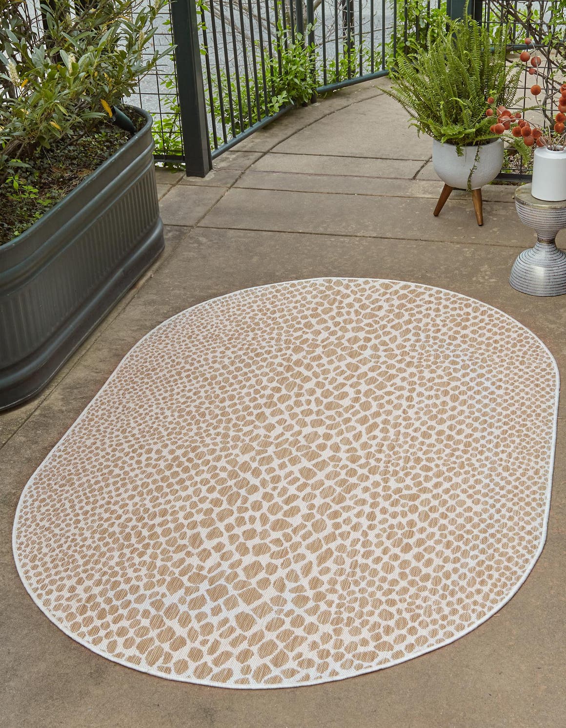 Dark Beige 5' 3 x 8' Jill Zarin Outdoor Oval Area Rug Weather Resistant for Patio, Deck, Terrace, Balcony, Porch Durable 100% Polypropylene Carpet for Outside for Sale at Rug Engine