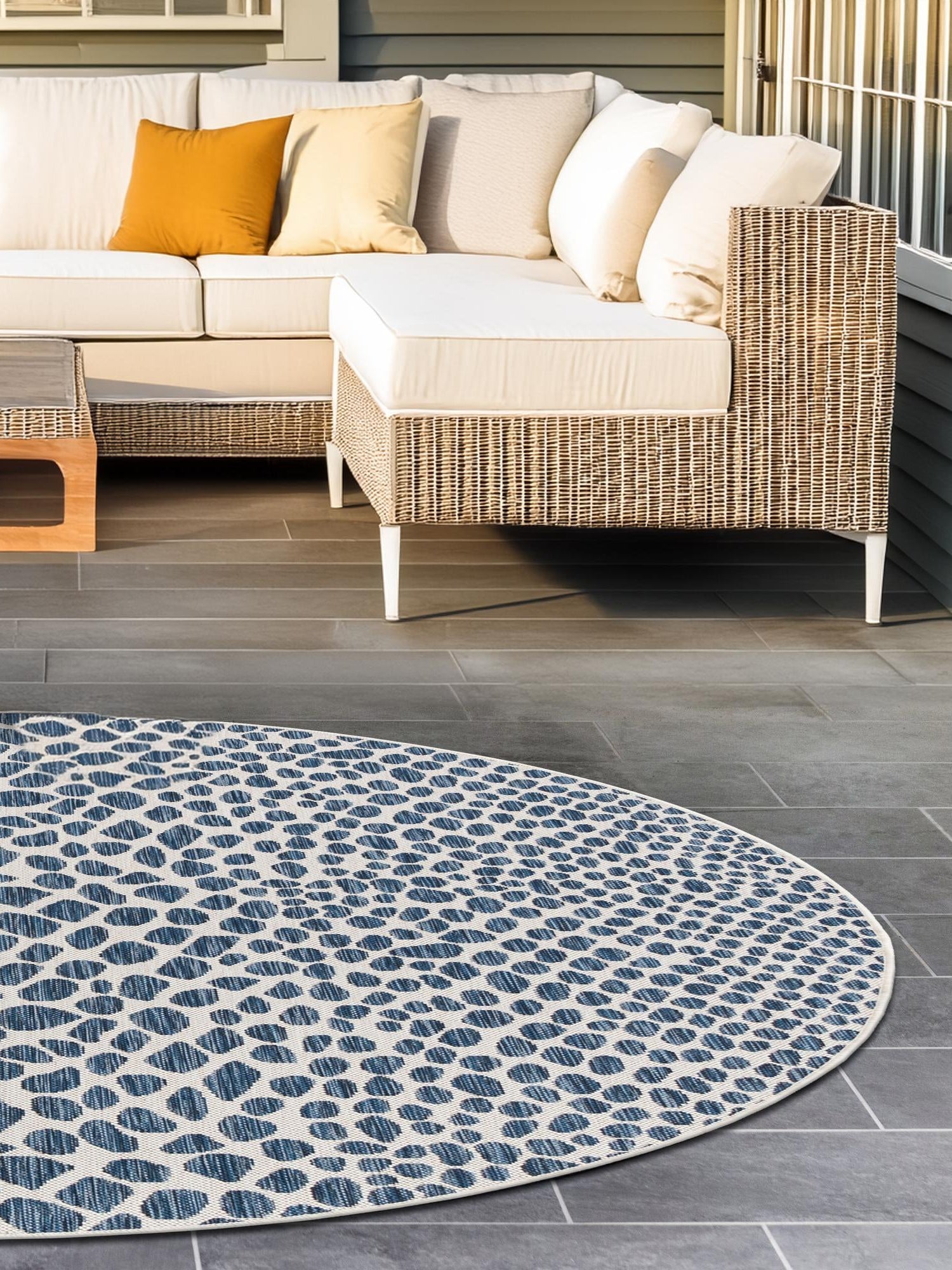 Blue 3' 1 x 3' 1 Jill Zarin Outdoor Round Area Rug Weather Resistant for Patio, Deck, Terrace, Balcony, Porch Durable 100% Polypropylene Carpet for Outside for Sale at Rug Engine