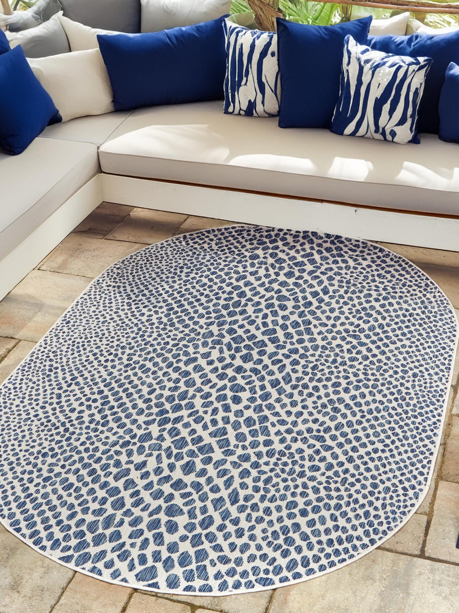 Blue 7' 10 x 10' Jill Zarin Outdoor Oval Area Rug Weather Resistant for Patio, Deck, Terrace, Balcony, Porch Durable 100% Polypropylene Carpet for Outside for Sale at Rug Engine