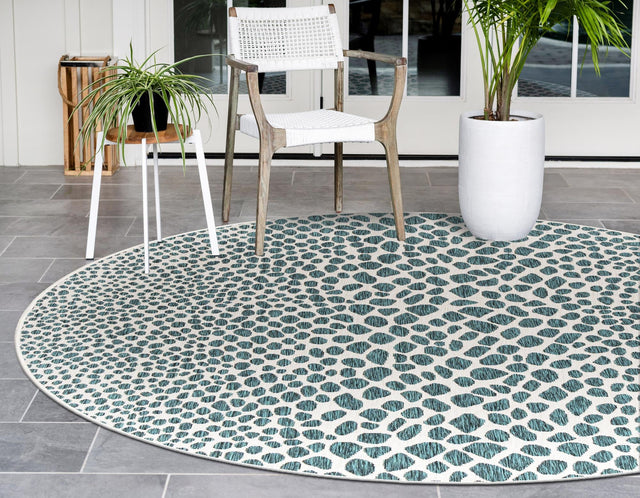 Teal 6' 7 x 6' 7 Jill Zarin Outdoor Round Area Rug Weather Resistant for Patio, Deck, Terrace, Balcony, Porch Durable 100% Polypropylene Carpet for Outside for Sale at Rug Engine