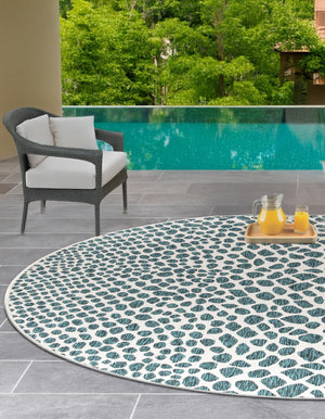Teal 6' 7 x 6' 7 Jill Zarin Outdoor Round Area Rug Weather Resistant for Patio, Deck, Terrace, Balcony, Porch Durable 100% Polypropylene Carpet for Outside for Sale at Rug Engine