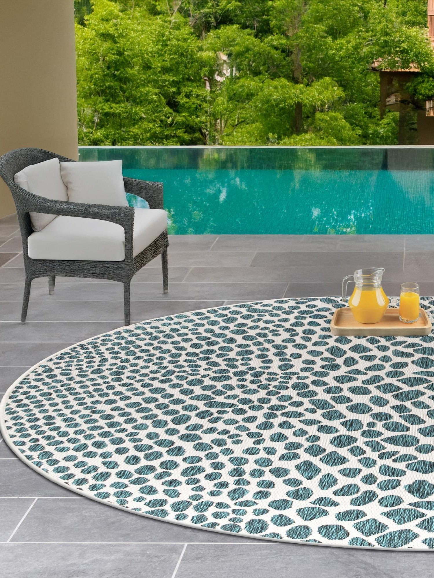 Teal 10' 8 x 10' 8 Jill Zarin Outdoor Round Area Rug Weather Resistant for Patio, Deck, Terrace, Balcony, Porch Durable 100% Polypropylene Carpet for Outside for Sale at Rug Engine