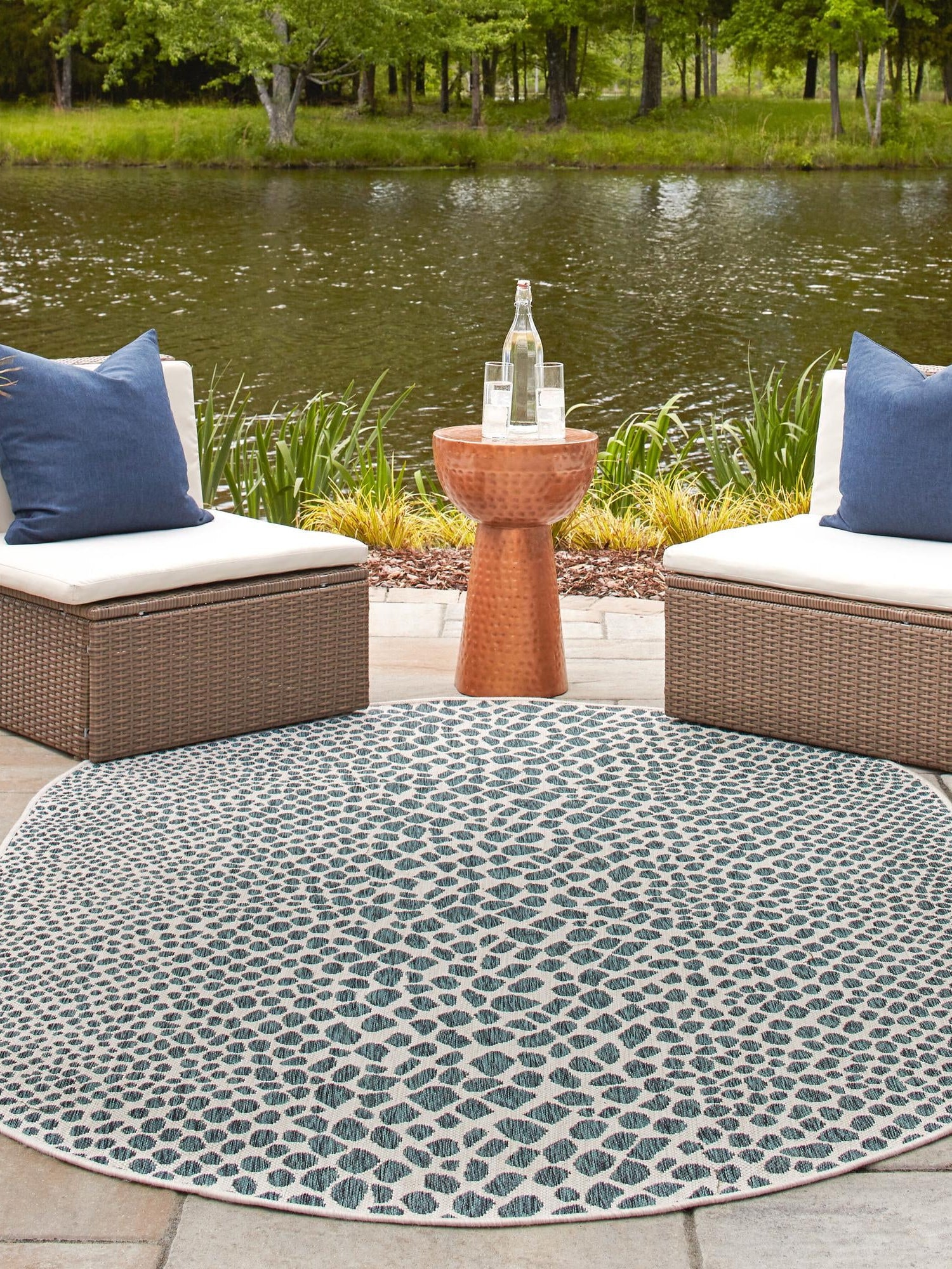 Teal 7' 10 x 10' Jill Zarin Outdoor Oval Area Rug Weather Resistant for Patio, Deck, Terrace, Balcony, Porch Durable 100% Polypropylene Carpet for Outside for Sale at Rug Engine