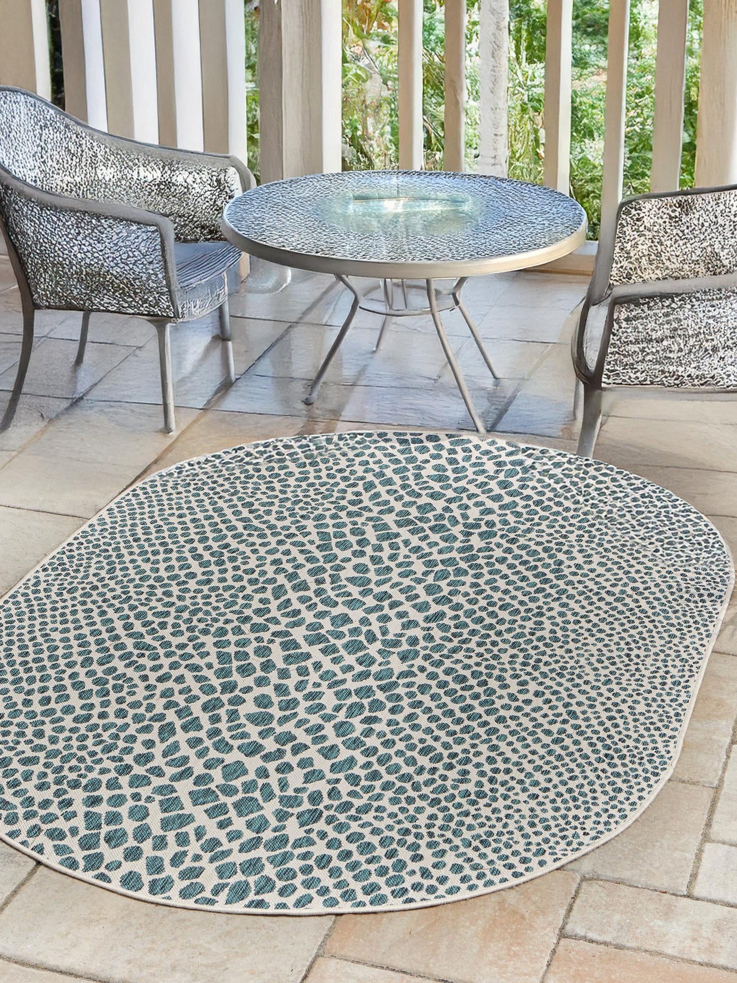 Teal 7' 10 x 10' Jill Zarin Outdoor Oval Area Rug Weather Resistant for Patio, Deck, Terrace, Balcony, Porch Durable 100% Polypropylene Carpet for Outside for Sale at Rug Engine