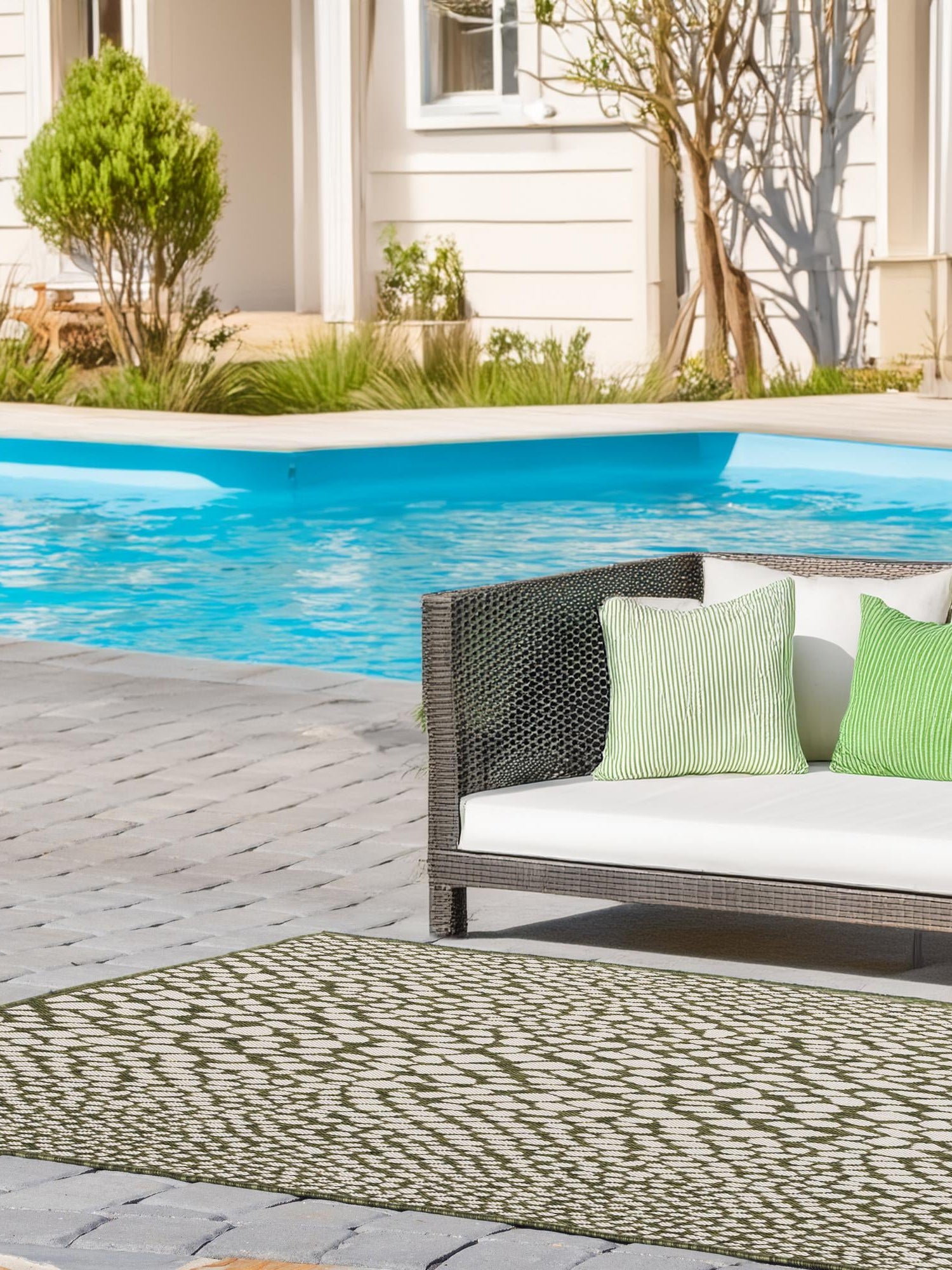 Green 6' 1 x 9' Jill Zarin Outdoor Rectangle Area Rug Weather Resistant for Patio, Deck, Terrace, Balcony, Porch Durable 100% Polypropylene Carpet for Outside for Sale at Rug Engine