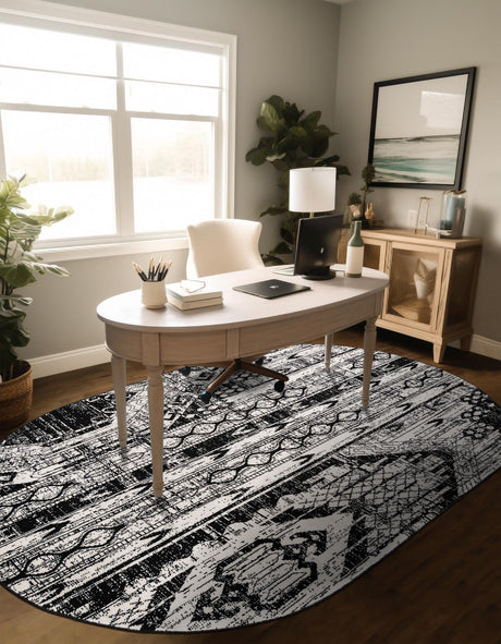 Black and White 5' 3 x 8' Portland Oval Area Rug 85% Polypropylene & 15% Polyester Vintage Distressed Traditional Carpet for Home Decor for Sale at Rug Engine