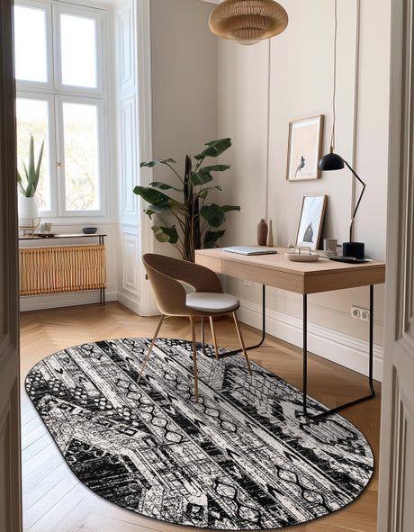 Black and White 5' 3 x 8' Portland Oval Area Rug 85% Polypropylene & 15% Polyester Vintage Distressed Traditional Carpet for Home Decor for Sale at Rug Engine