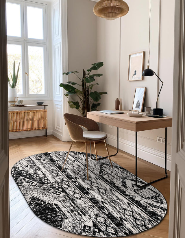 Black and White 5' 3 x 8' Portland Oval Area Rug 85% Polypropylene & 15% Polyester Vintage Distressed Traditional Carpet for Home Decor for Sale at Rug Engine