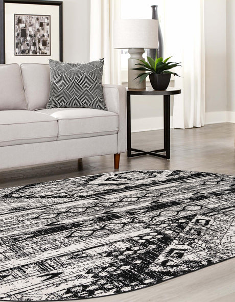 Black and White 5' 3 x 8' Portland Oval Area Rug 85% Polypropylene & 15% Polyester Vintage Distressed Traditional Carpet for Home Decor for Sale at Rug Engine
