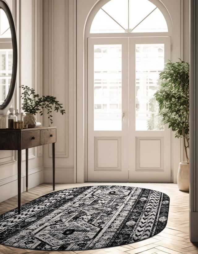 Black and White 3' 1 x 5' 3 Portland Oval Area Rug 85% Polypropylene & 15% Polyester Vintage Distressed Traditional Carpet for Home Decor for Sale at Rug Engine