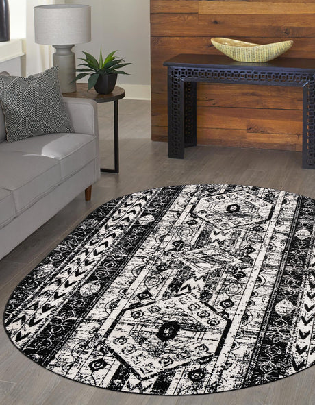 Black and White 5' 3 x 8' Portland Oval Area Rug 85% Polypropylene & 15% Polyester Vintage Distressed Traditional Carpet for Home Decor for Sale at Rug Engine