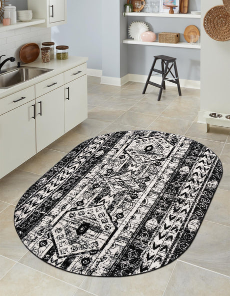 Black and White 5' 3 x 8' Portland Oval Area Rug 85% Polypropylene & 15% Polyester Vintage Distressed Traditional Carpet for Home Decor for Sale at Rug Engine