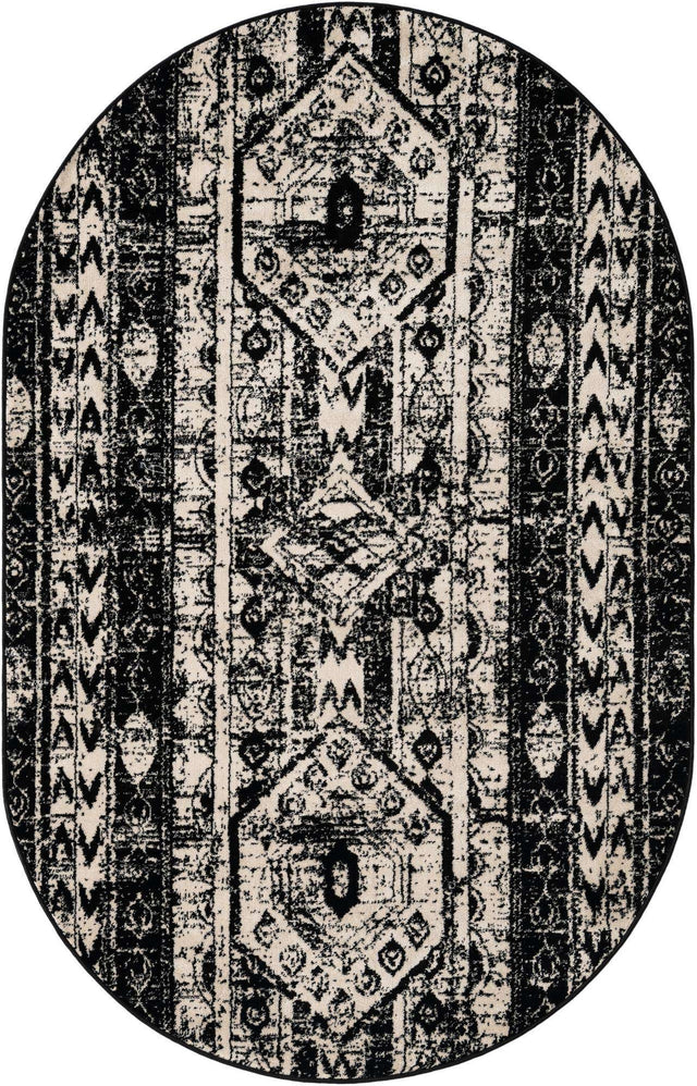 Black and White 5' 3 x 8' Portland Oval Area Rug 85% Polypropylene & 15% Polyester Vintage Distressed Traditional Carpet for Home Decor for Sale at Rug Engine