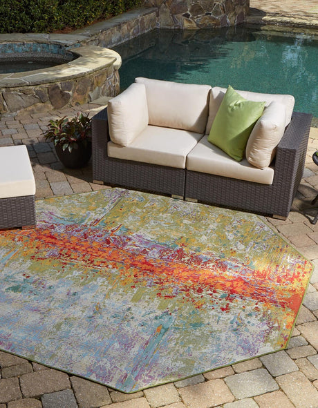 Multicolor 5' x 5' Outdoor Modern Octagon Area Rug Weather Resistant for Patio, Deck, Terrace, Balcony, Porch 100% Polypropylene Modern Outside Carpet for Sale at Rug Engine