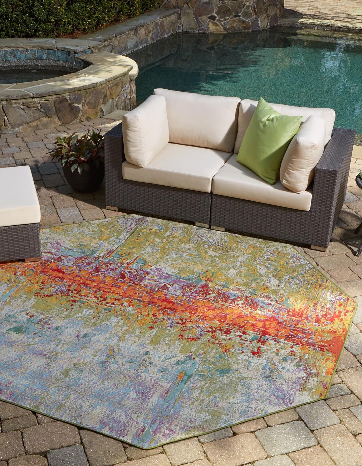 Multicolor 7' 11 x 7' 11 Outdoor Modern Octagon Area Rug Weather Resistant for Patio, Deck, Terrace, Balcony, Porch 100% Polypropylene Modern Outside Carpet for Sale at Rug Engine
