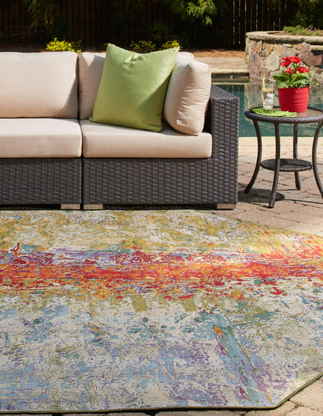 Multicolor 5' x 5' Outdoor Modern Octagon Area Rug Weather Resistant for Patio, Deck, Terrace, Balcony, Porch 100% Polypropylene Modern Outside Carpet for Sale at Rug Engine