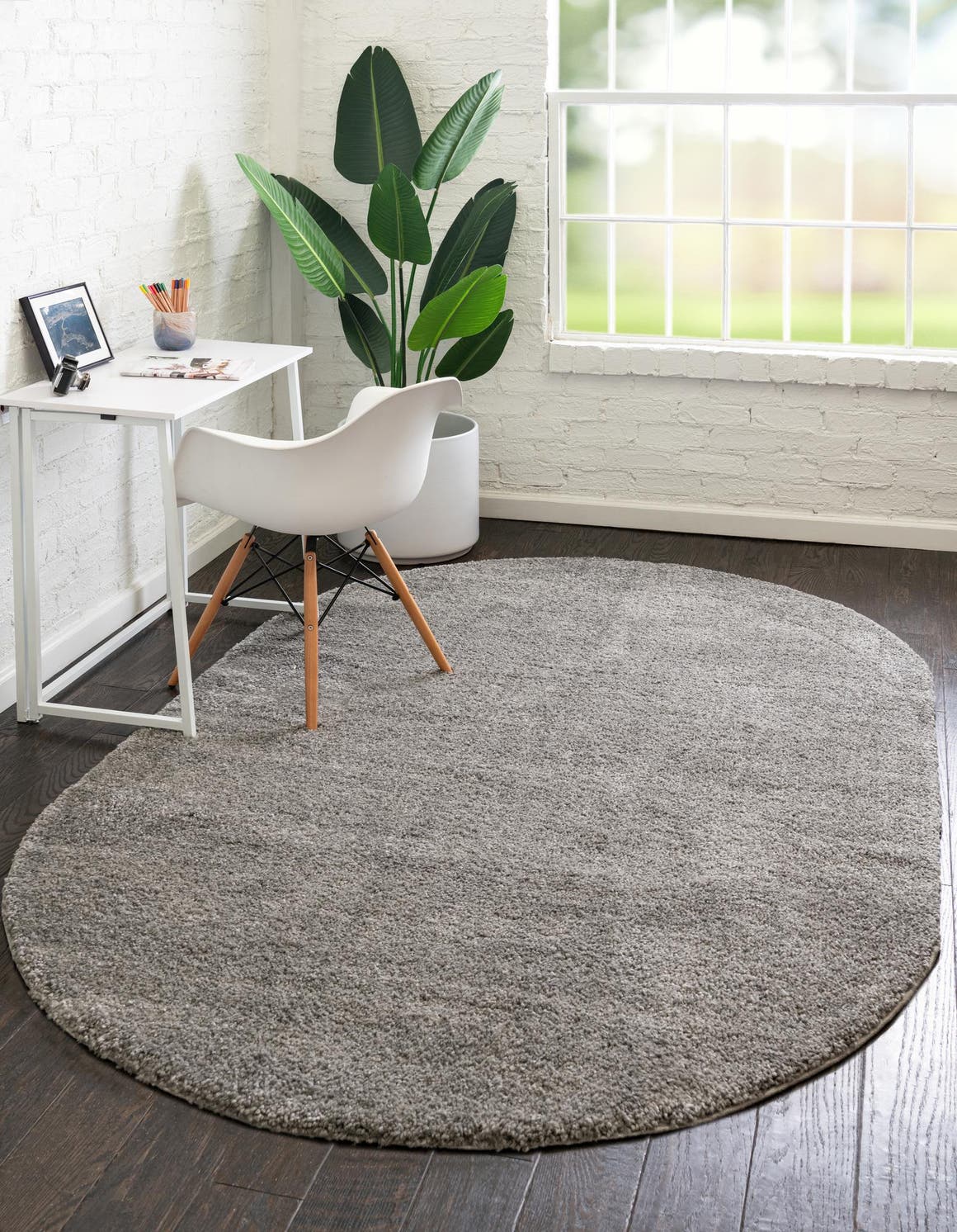 Gray 5' x 8' Solo Oval Area Rug Thick Soft Touch Fluffy & Plush Shaggy Pile Durable Minimalist Carpet for Classic Interior Design for Sale at Rug Engine