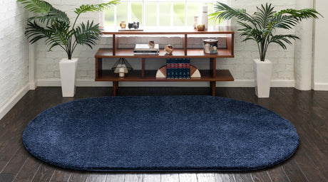 Navy Blue 7' 11 x 10' Solo Oval Area Rug Thick Soft Touch Fluffy & Plush Shaggy Pile Durable Minimalist Carpet for Classic Interior Design for Sale at Rug Engine