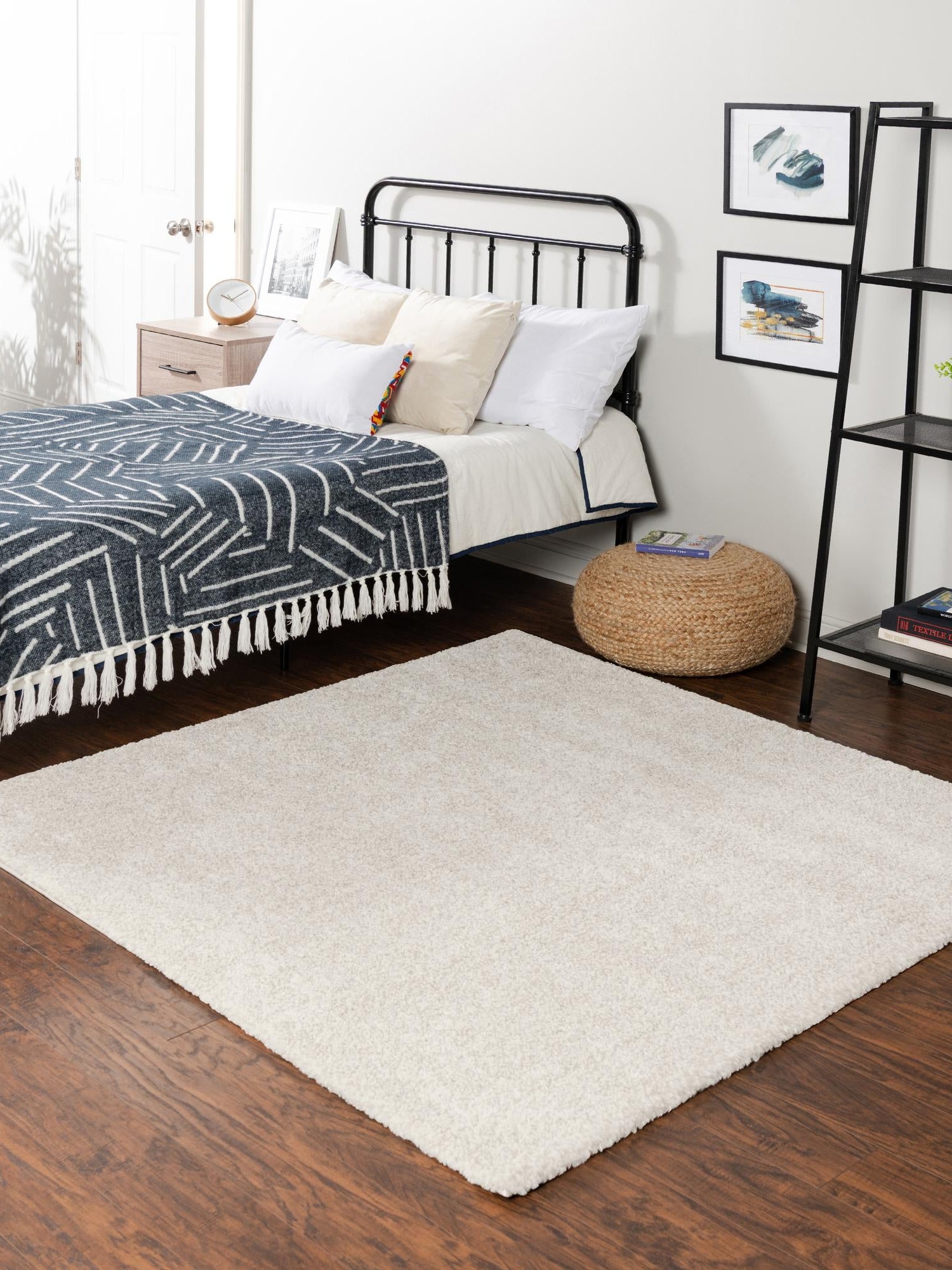 Ivory 5' x 5' Solo Square Area Rug Thick Soft Touch Fluffy & Plush Shaggy Pile Durable Minimalist Carpet for Classic Interior Design for Sale at Rug Engine