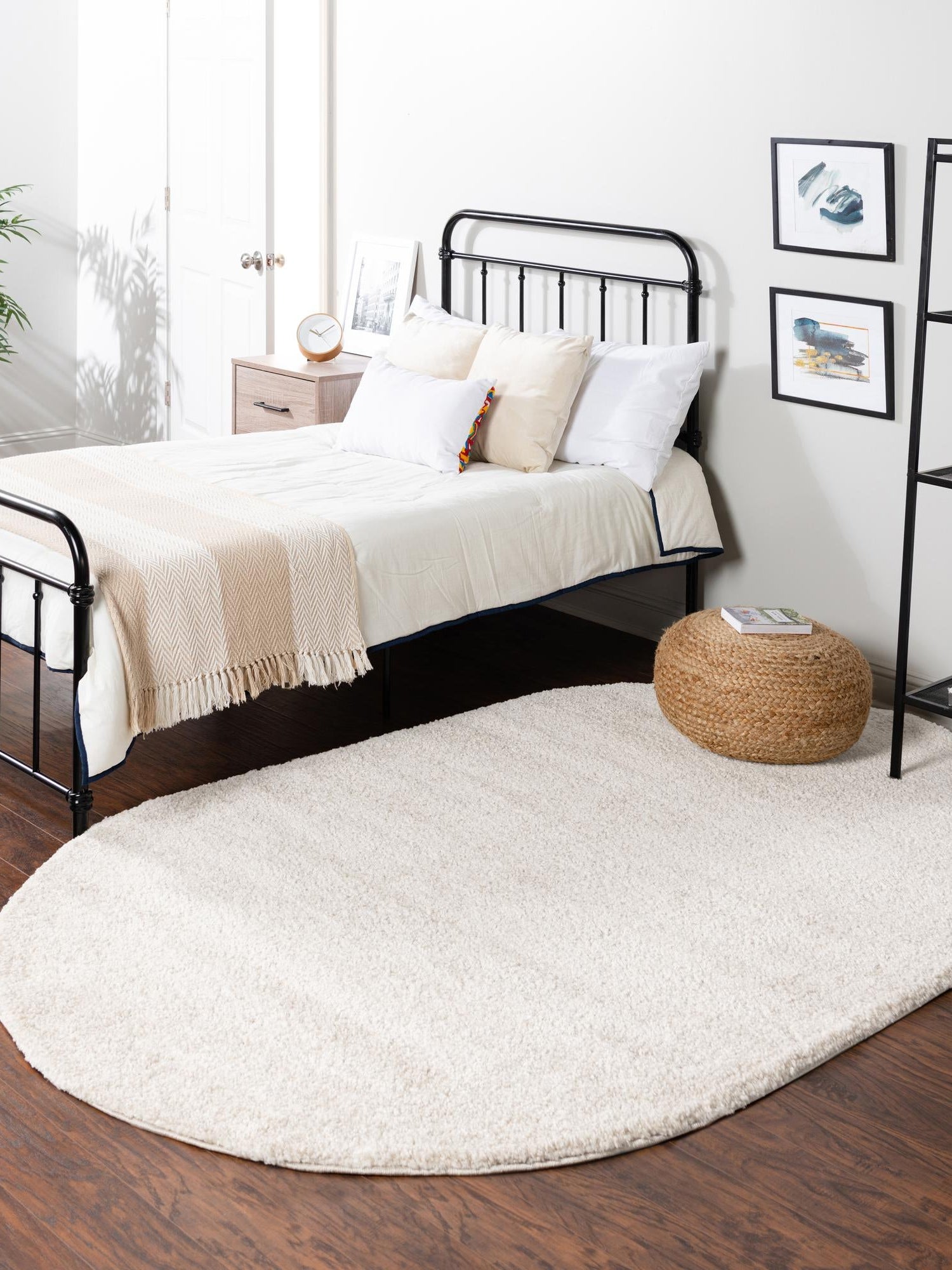 Ivory 7' 11 x 10' Solo Oval Area Rug Thick Soft Touch Fluffy & Plush Shaggy Pile Durable Minimalist Carpet for Classic Interior Design for Sale at Rug Engine