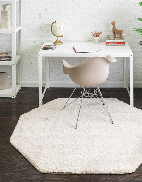 Ivory 5' x 5' Solo Octagon Area Rug Thick Soft Touch Fluffy & Plush Shaggy Pile