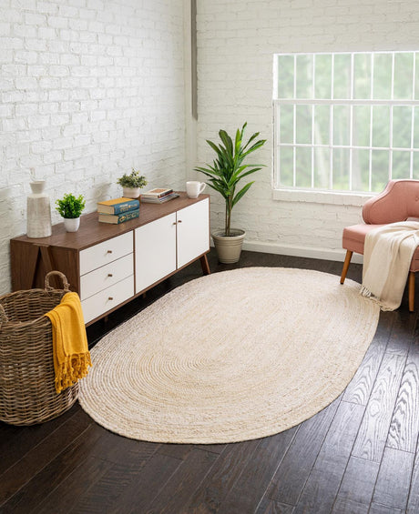 White 8' x 10' Braided Jute Oval Rug