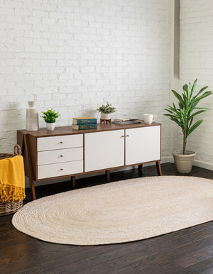 White 5' 1 x 8' Braided Jute Oval Rug