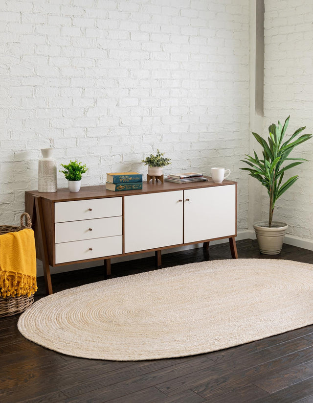 White 5' 1 x 8' Braided Jute Oval Rug