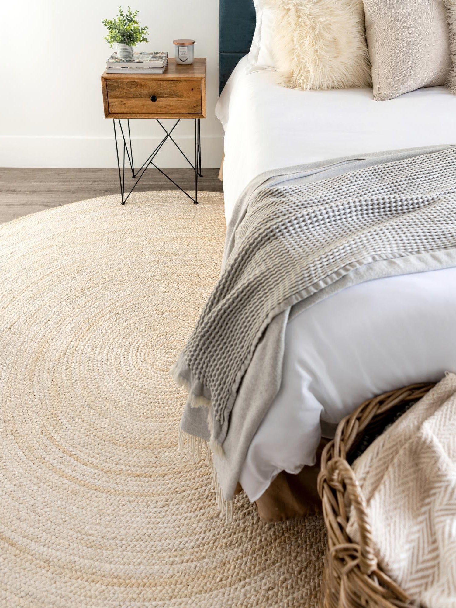 White 8' x 8' Braided Jute Round Area Rug 100% Jute Hand Braided Natural Eco-Friendly Boho Style Carpet for Living Rooms Dining Office Space Dorms for Sale at Rug Engine