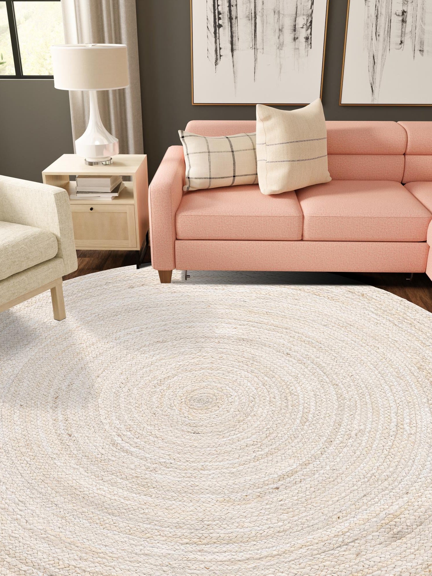 White 8' x 8' Braided Jute Round Area Rug 100% Jute Hand Braided Natural Eco-Friendly Boho Style Carpet for Living Rooms Dining Office Space Dorms for Sale at Rug Engine